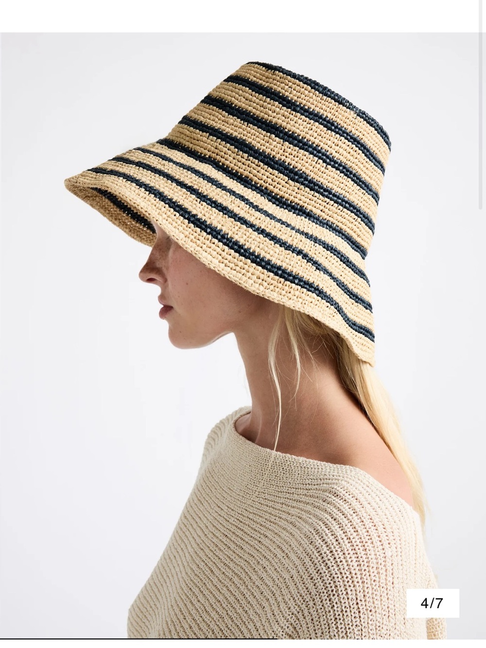 NWT Janessa Leone Striped Felix Bucket Hat - Natural & Navy - Picture 3 of 5